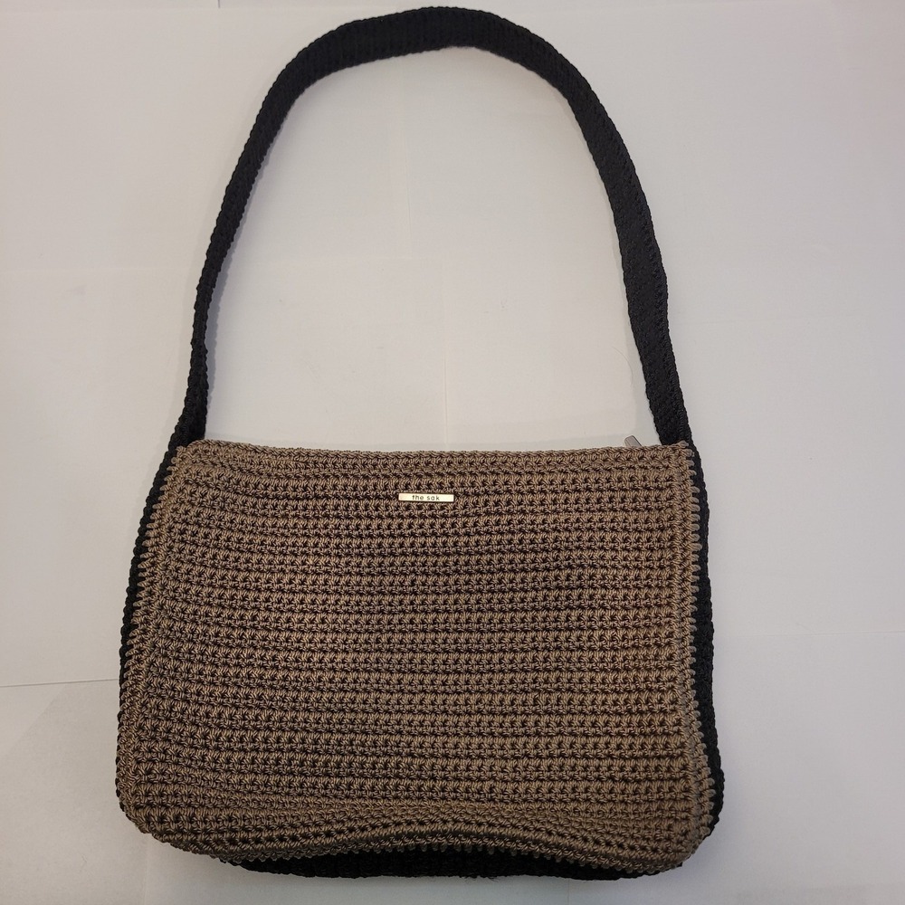 The Sak Women's Crochet Hobo Bag Khaki Brown Black Knit Shoulder Purse Zippered